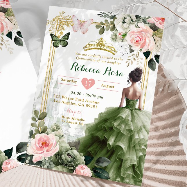 Convite Royal Castle Blush Pink Sage Green Quinceañera (Criador carregado)