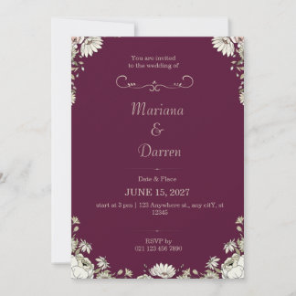 Convite Royal Deep Purple & White Floral Wedding Invite