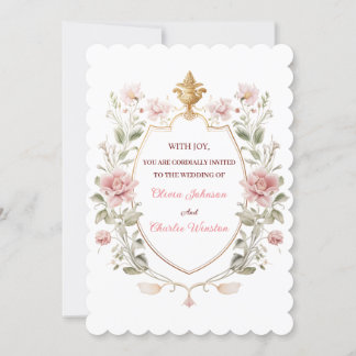 Convite Royal Elegance Wedding Pink Florals Golden Crest