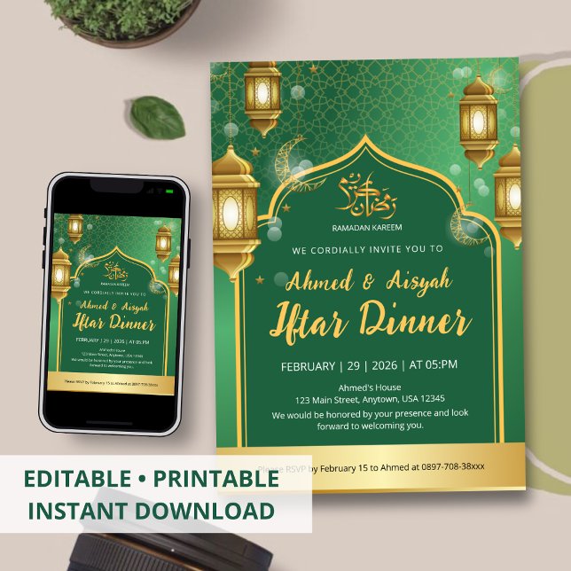 Convite Royal Emerald Green and Gold Lantern Iftar Dinner  (Criador carregado)