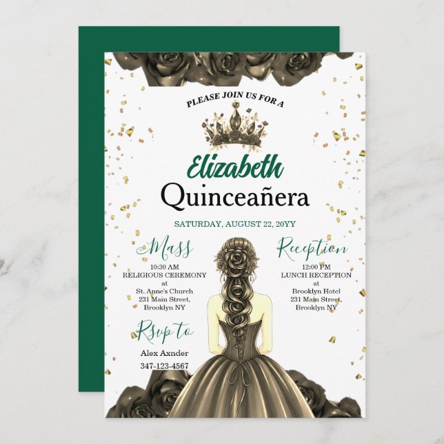 Convite Royal Emerald Green Rose Quinceañera Invite (Frente/Verso)