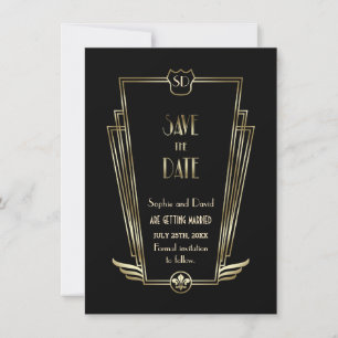 Convite Royal Gold Preto Art Deco Monograma Save The Date