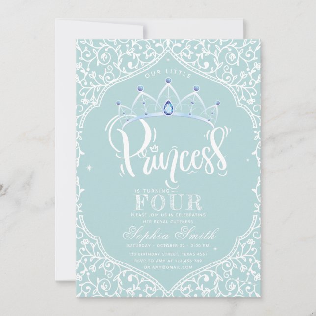 Convite Royal Little Princess Blue Ornamental (Frente)