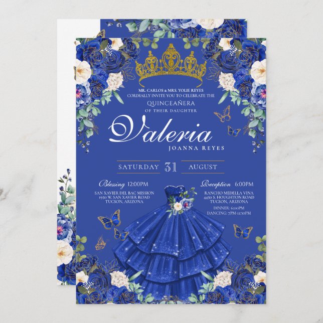 Convite Royal Marinho Blue Butterfly Princess Birday (Frente/Verso)