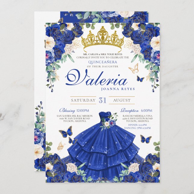 Convite Royal Marinho Blue Butterfly Princess Birday (Frente/Verso)