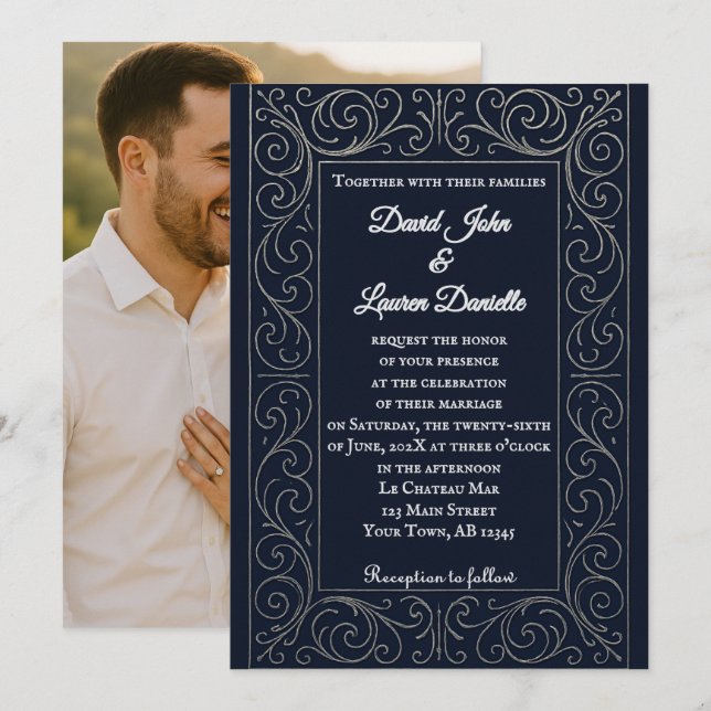 Convite Royal Navy Photo Wedding Invitation (Frente/Verso)