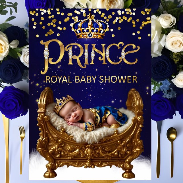 Convite Royal Prince Baby Shower Blue Gold Crib Glitter (Criador carregado)