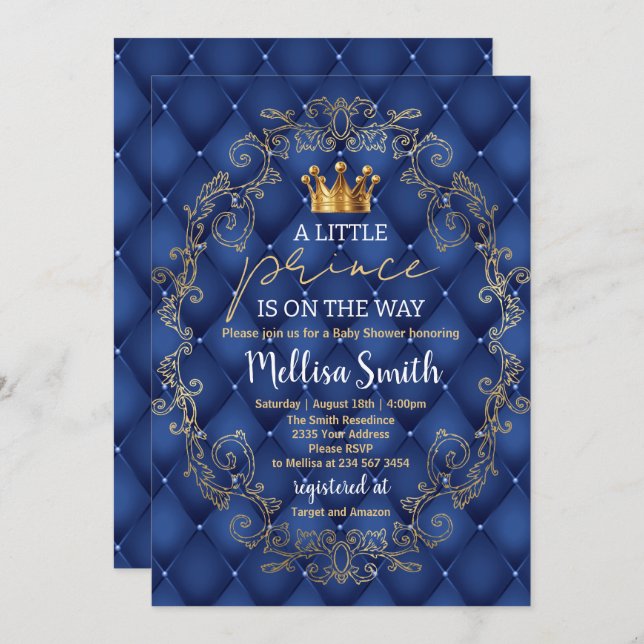 Convite Royal Prince Baby Shower Blue Gold Rattle Ethnic (Frente/Verso)