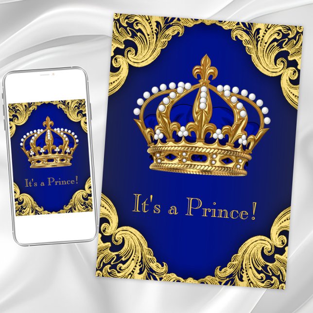 Convite Royal Prince Baby Shower Invitations (Royal blue gold prince crown any occasion invitation.)