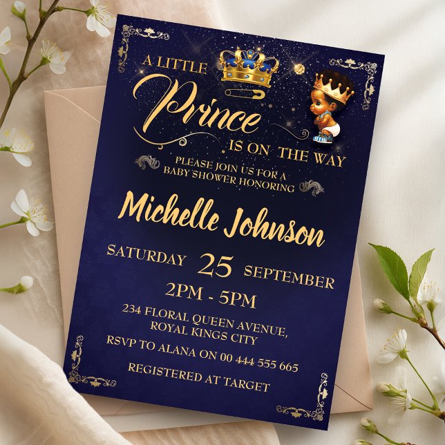 Convite Royal Prince Chá de fraldas African American Boy (Royal Prince Baby Shower African American Boy Invitation)