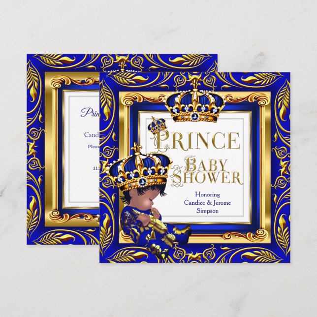 Convite Royal Prince Chá de fraldas Blue Dourado Crown Étn (Frente/Verso)