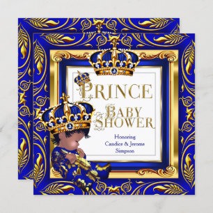 Convite Royal Prince Chá de fraldas Blue Dourado Crown Étn