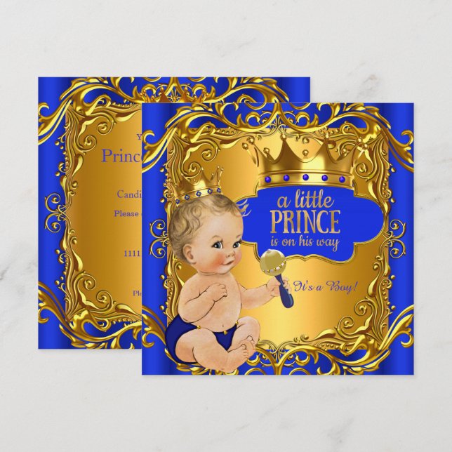 Convite Royal Prince Chá de fraldas Blue Dourado Rattle Bl (Frente/Verso)