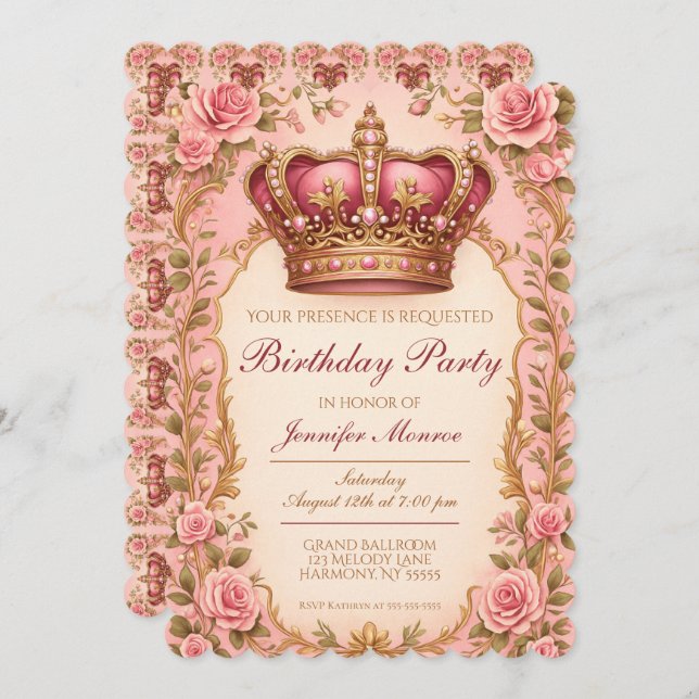 Convite Royal Princess Birthday Party Crown Ornate (Frente/Verso)