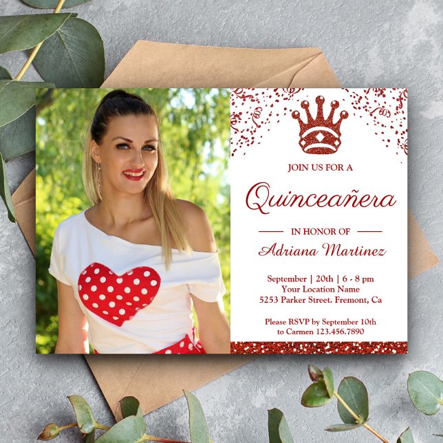 Convite Royal Princess Red Glitter Photo Quinceanera (Criador carregado)