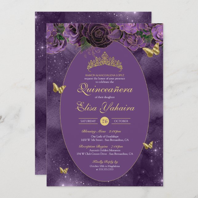 Convite Royal Purple Dourada Borboleta de Luxo Quinceanera (Frente/Verso)