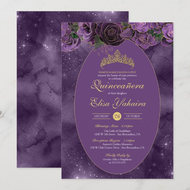 Convite Royal Purple Dourada Borboleta de Luxo Quinceanera (Frente/Verso)