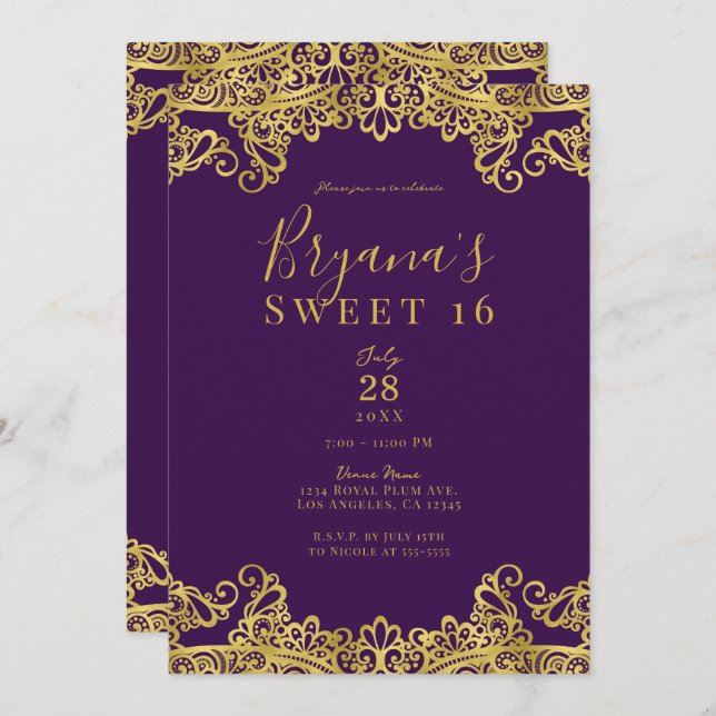 Convite Royal Purple e Dourado Lace Elegante Sweet 16 Part (Frente/Verso)