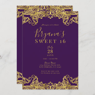 Convite Royal Purple e Dourado Lace Elegante Sweet 16 Part