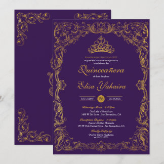 Convite Royal Purple Regal Dourada Tiara Princess Quincean