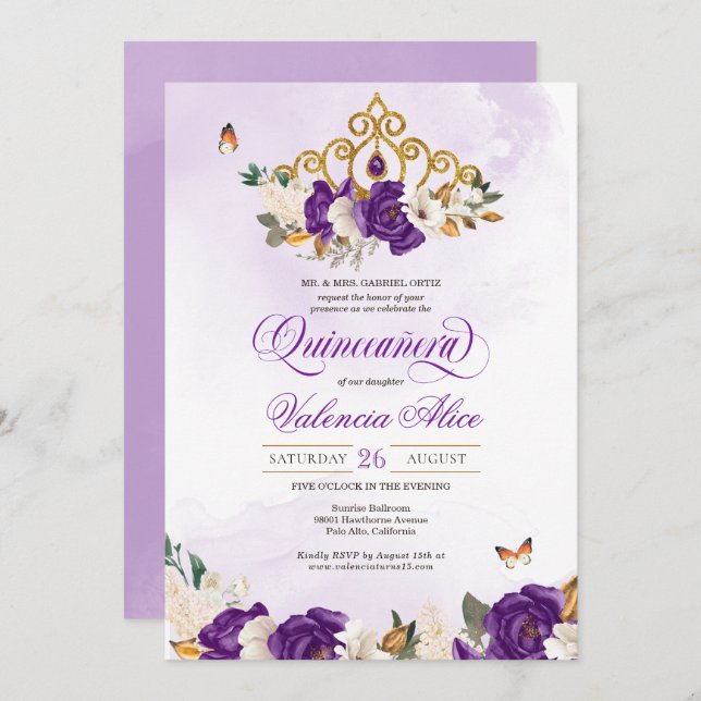 Convite Royal Purple Rosa Butterfly Princess Quinceanera (Frente/Verso)