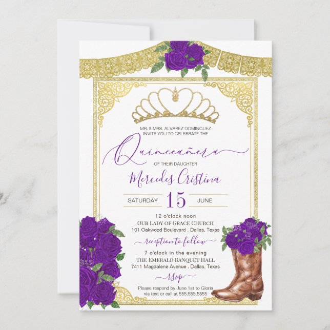 Convite Royal Purple Rosa Floral Charro Quinceanera (Frente)