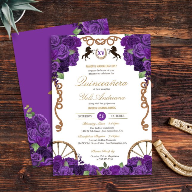 Convite Royal Purple Rosa Western Charro Quinceañera (Criador carregado)