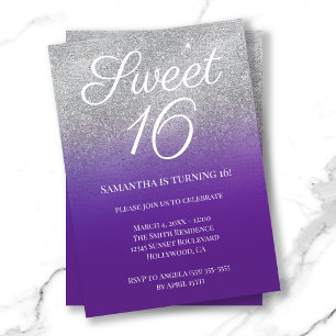 Convite Royal Purple Silver Ombre Glitter Sweet 16