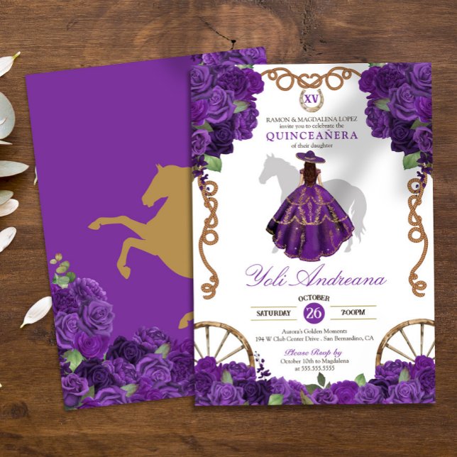 Convite Royal Purple Western Charro Floral Quinceanera (Criador carregado)