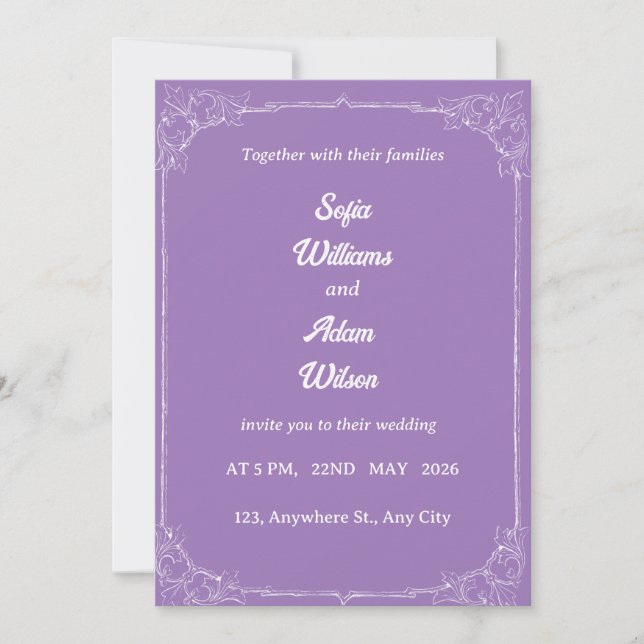 Convite ​Royal Purple & White Filigree Wedding Invitation (Frente)