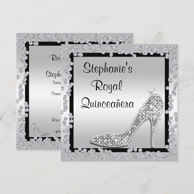 Convite Royal Quinceañera Joia Prateada Stiletto (Frente/Verso)