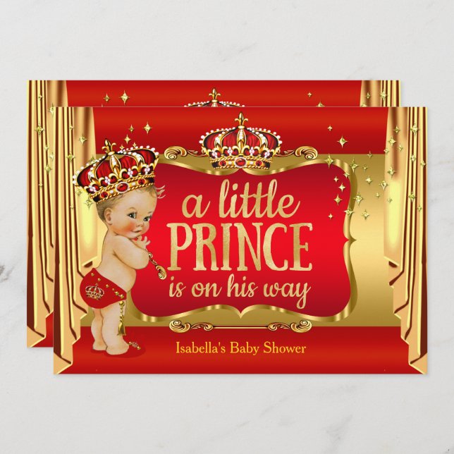 Convite Royal Red Dourado Boy Prince Chá de fraldas Blone (Frente/Verso)
