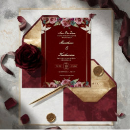 Convite Royal Red & Gold Floral Dove Wedding Invite