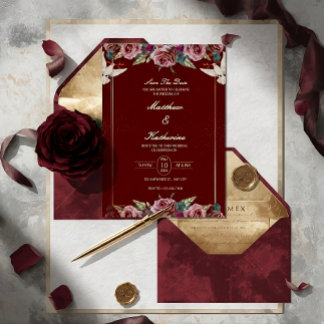 Convite Royal Red & Gold Floral Dove Wedding Invite