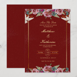 Convite Royal Red & Gold Floral Dove Wedding Invite