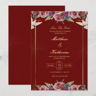 Convite Royal Red & Gold Floral Dove Wedding Invite