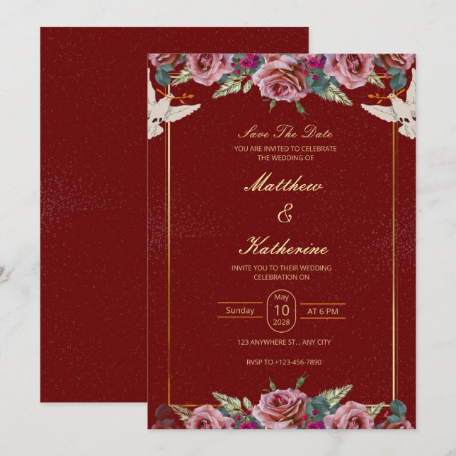 Convite Royal Red & Gold Floral Dove Wedding Invite (Frente/Verso)
