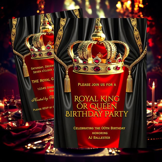 Convite Royal Red Gold King Queen Crown Birthday Party (Criador carregado)