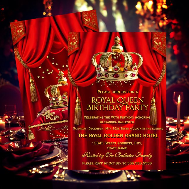 Convite Royal Red Gold Queen Crown Birthday Party (Criador carregado)