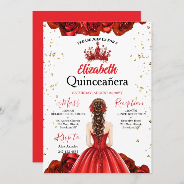 Convite Royal Red Rose Butterfly Quinceañera Invite (Frente/Verso)