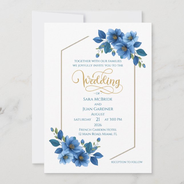Convite Royal Sapphire Floral Wedding Invitation (Frente)