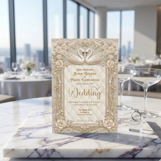 Convite Royalcore Rococo Gold Swans Fairytale Wedding (Criador carregado)