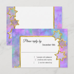 Convite RSVP Abstrato Estrela Dourada Rosa Púrpura Azul