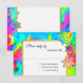 Convite RSVP Abstrato Estrela Dourada Tie Dye Turquoise
