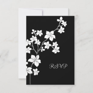 Convite RSVP Aniversário Asiático Preto Floral Branco