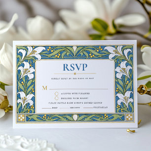 Convite RSVP Azul Art Nouveau Lírio Casamento