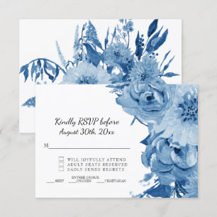 Convite RSVP Azul e Branco Aquarela Casamento Floral Moder