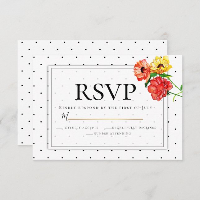 Convite RSVP | Bolinhas e Flores de Aquarela (Frente/Verso)