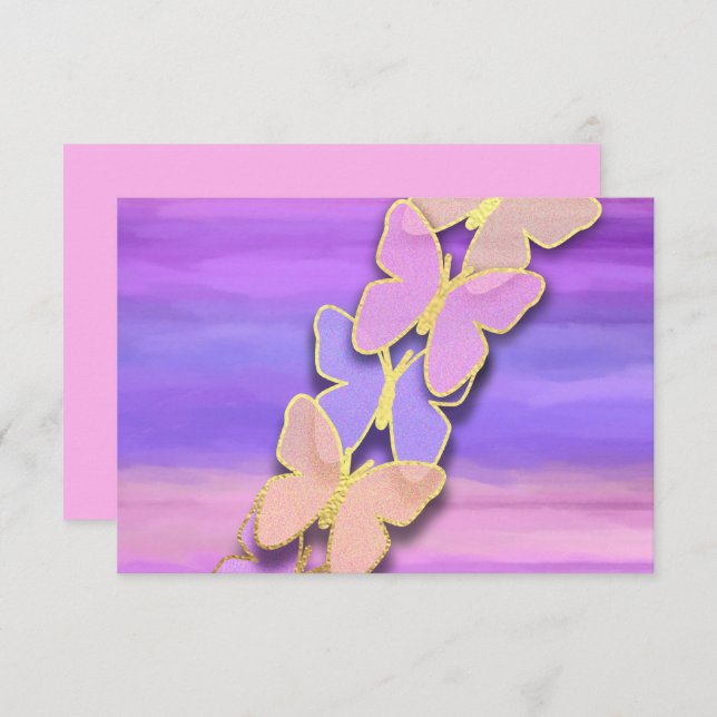 Convite RSVP Borboleta Cor-de-Água Rosa Púrpura (Frente/Verso)