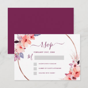 Convite RSVP Borgonha Floral Rosa Dourado Geométrico Casam